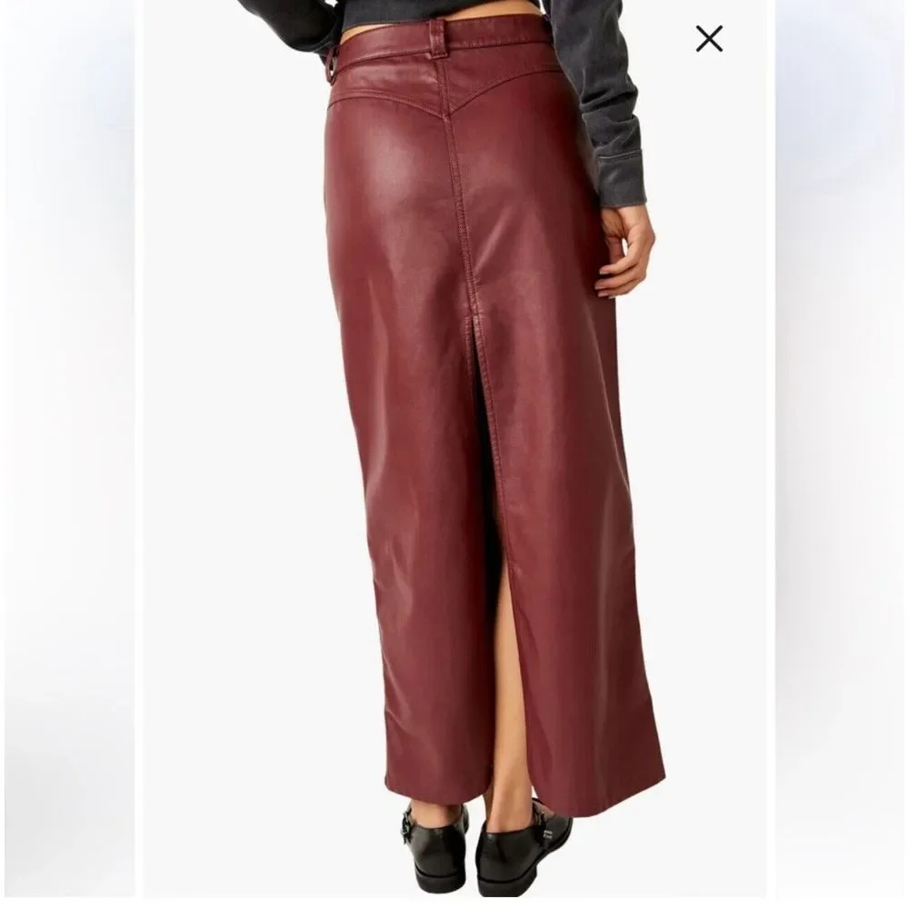 Free People Women's City Slicker Vegan‎ Leather Maxi Skirt Red Wine Size 0 NWT